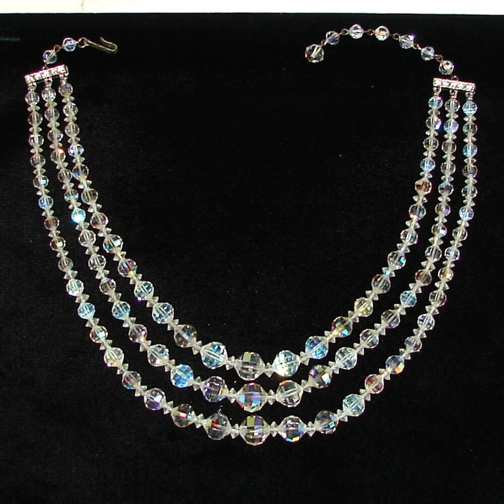 Vtg 3-Strand Laguna Faceted Crystal AB Beads Choker NECKLACE, Rhinestones E61